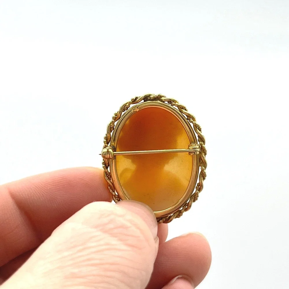 Vintage Shell Cameo Brooch Gold Tone Twisted‎ Rope Frame Hand Carved Profile Pin